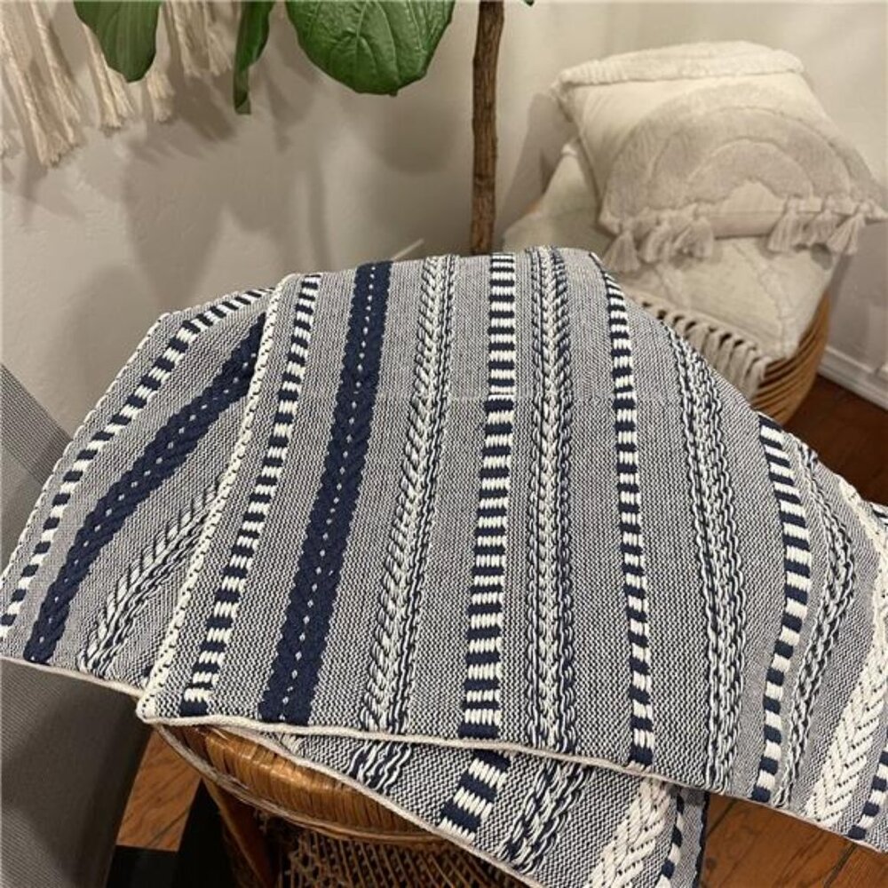 New West Elm Set 2 Navy Blue Boho Embroidered Throw Pillow Case Cover Sham 18x18 - Picture 7 of 9